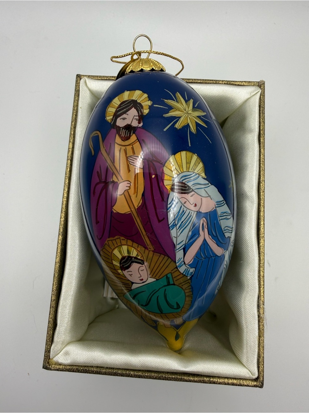 Pier 1 Li Bien 2014 Holy Family Nativity Glass Ornament Peace Joy Boxed